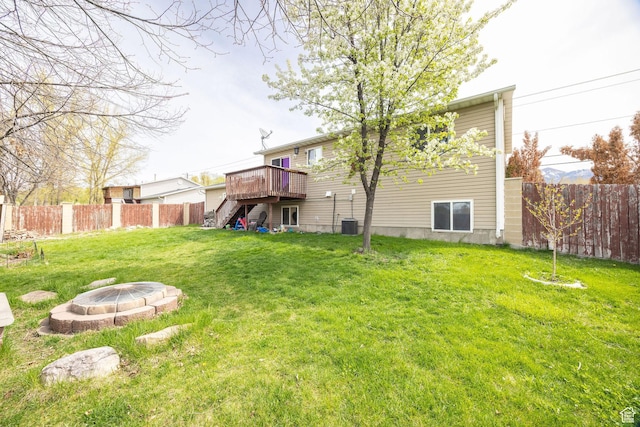 811 S Park Ave W, Logan, UT 84321 - view of yard with a fenced backyard, a wooden deck, an outdoor fire pit, and stairway
