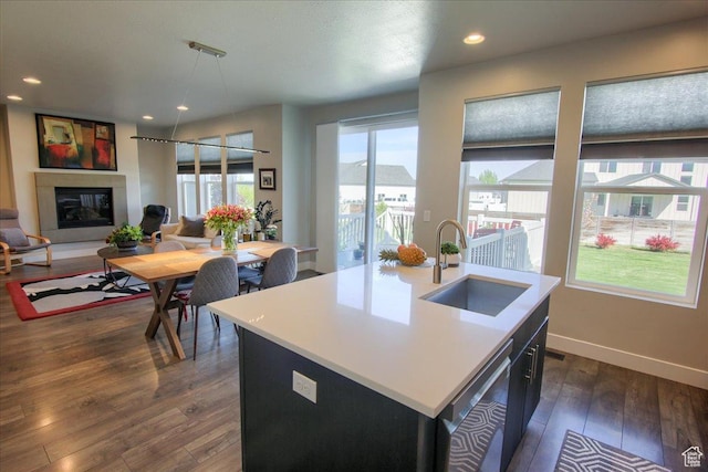 3159 N 1100 W, Pleasant View, UT 84414 - kitchen featuring dark wood finished floors, dishwasher, a sink, light countertops, and a glass covered fireplace