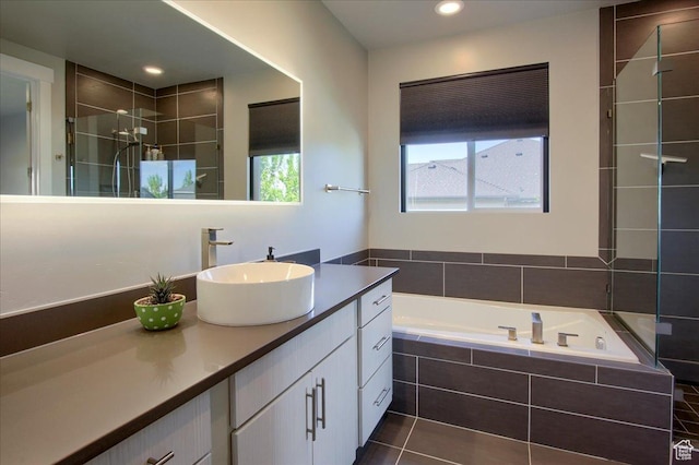 3159 N 1100 W, Pleasant View, UT 84414 - full bathroom with a bath, vanity, tile patterned floors, recessed lighting, and tiled shower