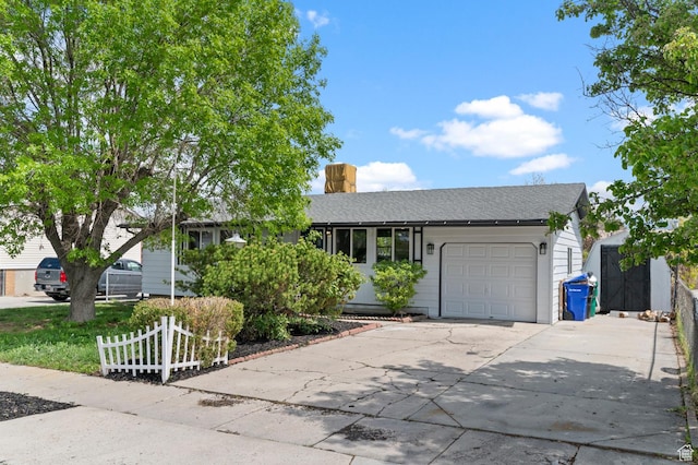 8671 S 3780 W, West Jordan, UT 84088 - ranch-style house with a storage unit, a shingled roof, a garage, a chimney, and driveway