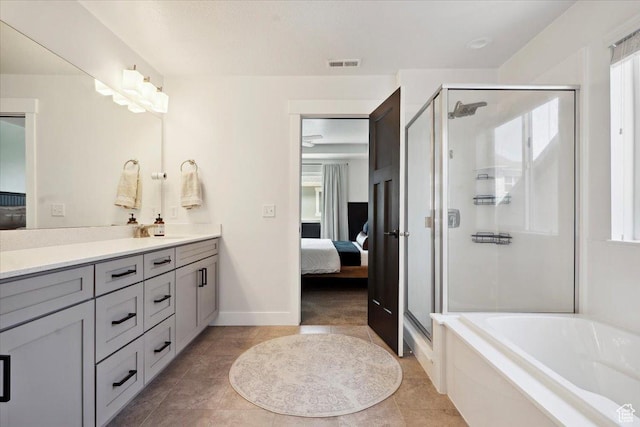4101 W 1850 N, Lehi, UT 84043 - ensuite bathroom featuring vanity, ensuite bath, visible vents, a garden tub, and a stall shower