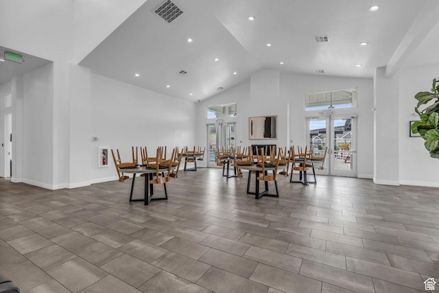 4101 W 1850 N, Lehi, UT 84043 - dining space with high vaulted ceiling, baseboards, recessed lighting, and visible vents