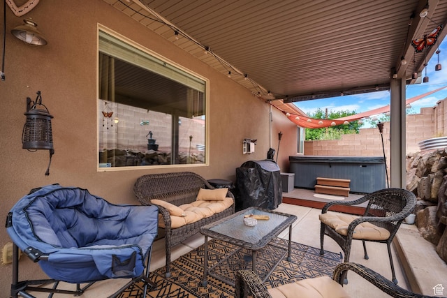78 W Jolley Cir, Washington, UT 84780 - view of patio / terrace featuring fence, an outdoor hangout area, and a hot tub