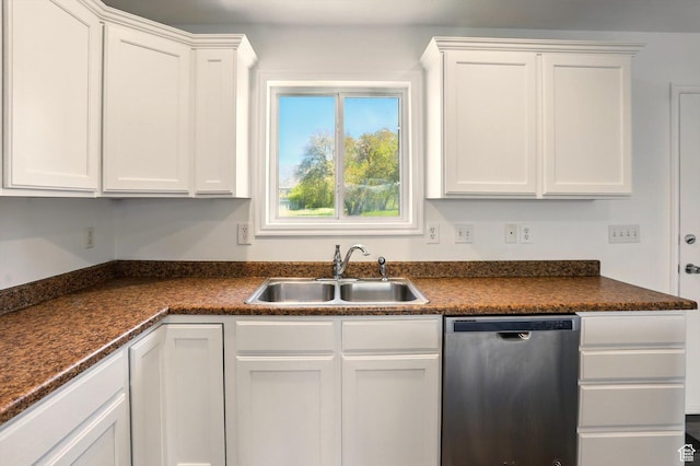 680 S Riverwalk Pkwy W, Logan, UT 84321 - kitchen featuring a sink, dark countertops, white cabinetry, and dishwasher