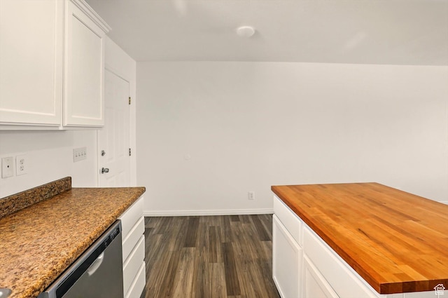 680 S Riverwalk Pkwy W, Logan, UT 84321 - kitchen with stainless steel dishwasher, dark wood-style flooring, wooden counters, and white cabinetry