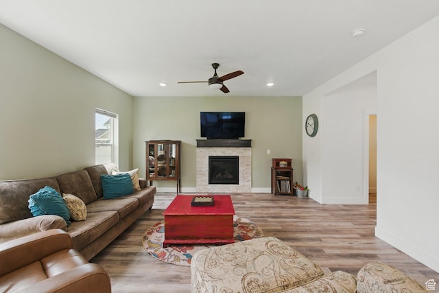2471 W Anne Ave, West Haven, UT 84401 - living area with ceiling fan, a glass covered fireplace, recessed lighting, baseboards, and wood finished floors