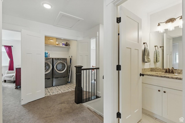2471 W Anne Ave, West Haven, UT 84401 - laundry area featuring laundry area, attic access, a sink, separate washer and dryer, and light carpet
