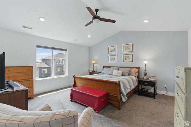 2471 W Anne Ave, West Haven, UT 84401 - bedroom with ceiling fan, visible vents, vaulted ceiling, baseboards, and carpet flooring