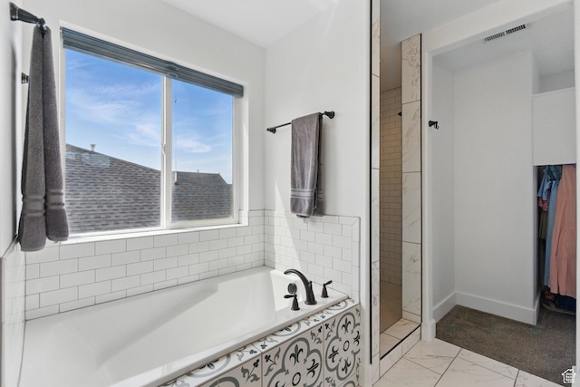 2471 W Anne Ave, West Haven, UT 84401 - bathroom with walk in shower, marble finish floor, baseboards, visible vents, and a bath