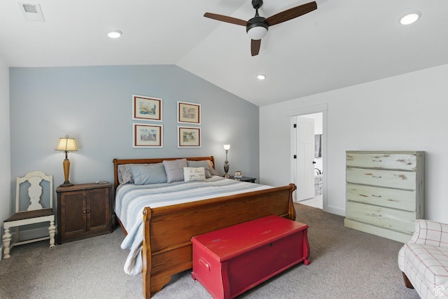 2471 W Anne Ave, West Haven, UT 84401 - carpeted bedroom featuring visible vents, lofted ceiling, ensuite bathroom, ceiling fan, and recessed lighting