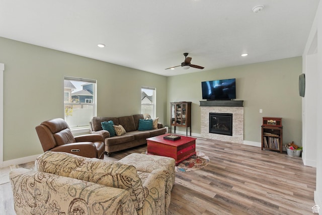 2471 W Anne Ave, West Haven, UT 84401 - living room featuring recessed lighting, a ceiling fan, wood finished floors, and a fireplace
