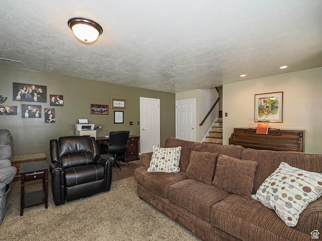 2777 W 1100 N, Layton, UT 84041 - living area featuring a textured ceiling, carpet, stairs, recessed lighting, and visible vents