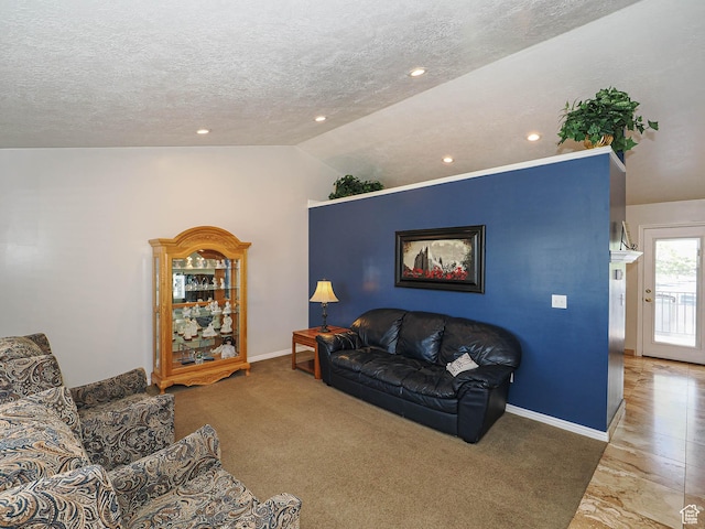 2777 W 1100 N, Layton, UT 84041 - carpeted living area with baseboards, vaulted ceiling, recessed lighting, and a textured ceiling