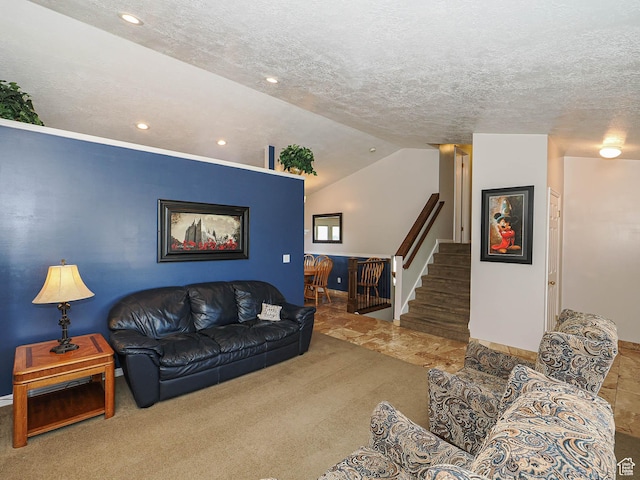 2777 W 1100 N, Layton, UT 84041 - carpeted living room featuring recessed lighting, a textured ceiling, stairs, and vaulted ceiling
