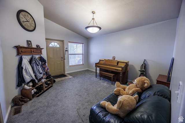 680 Stonne Ln, Kaysville, UT 84037 - carpeted living area with baseboards, vaulted ceiling, and visible vents