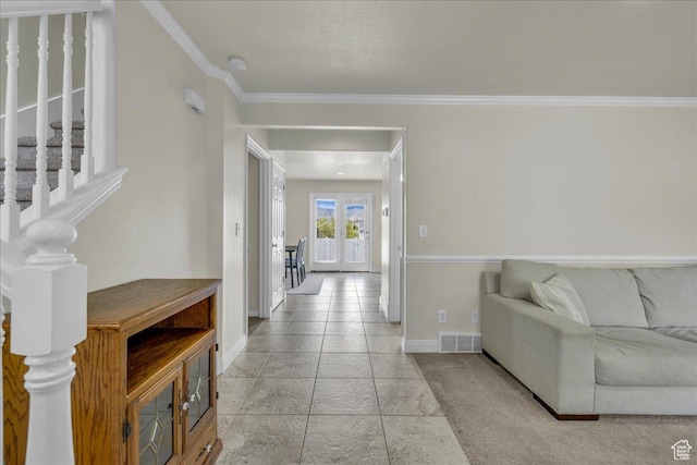 3909 N Davencourt Loop, Lehi, UT 84043 - living area with crown molding, baseboards, stone tile flooring, and visible vents