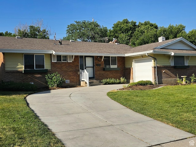 302 E 1400 N, Bountiful, UT 84010 - ranch-style home with an attached garage, brick siding, a front yard, concrete driveway, and a chimney