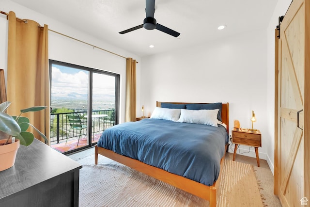 14348 S Champ Cv, Draper, UT 84020 - bedroom with ceiling fan, access to exterior, a barn door, baseboards, and recessed lighting