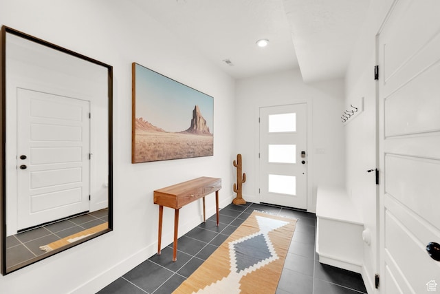 14348 S Champ Cv, Draper, UT 84020 - foyer with dark tile patterned floors, baseboards, and recessed lighting