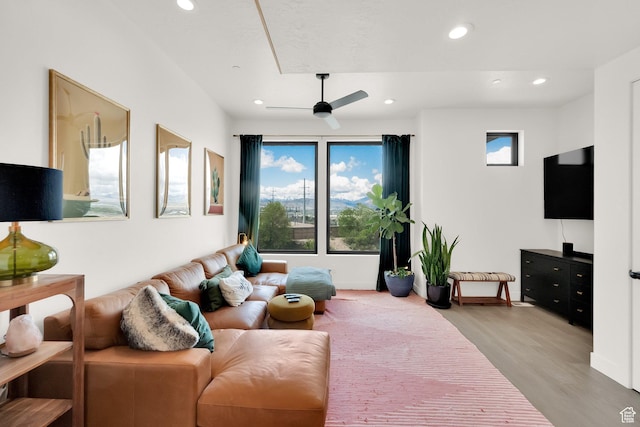 14348 S Champ Cv, Draper, UT 84020 - living area featuring light wood-style floors, baseboards, a ceiling fan, and recessed lighting