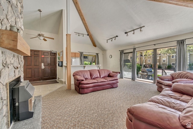 339 E 600 S Unit 1210, Salt Lake City, UT 84111 - living area featuring high vaulted ceiling, light carpet, a ceiling fan, and rail lighting