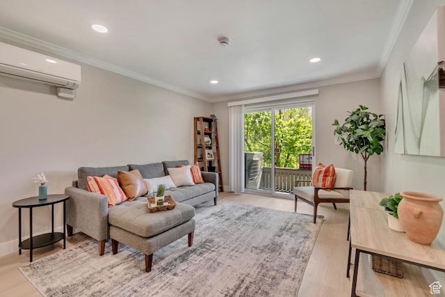living area with crown molding, an AC wall unit, recessed lighting, and wood finished floors