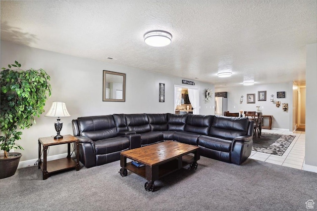 121 N 3000 W, West Point, UT 84015 - carpeted living area featuring a textured ceiling, visible vents, baseboards, and tile patterned floors