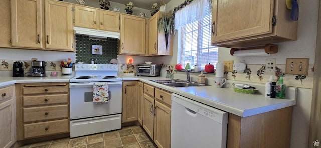 kitchen featuring a sink, light countertops, light brown cabinets, under cabinet range hood, and white appliances