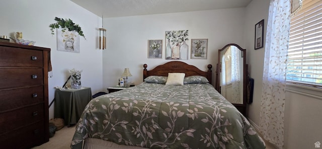 bedroom with light colored carpet