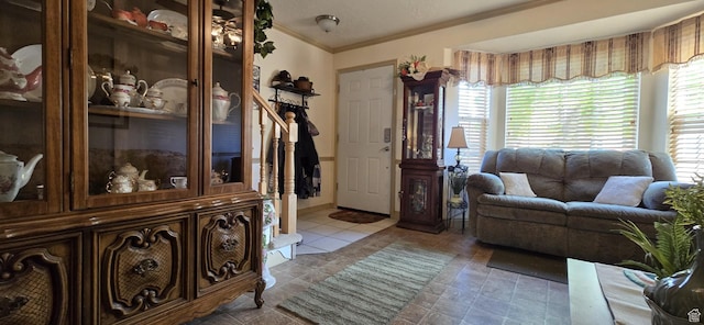 living room featuring ornamental molding