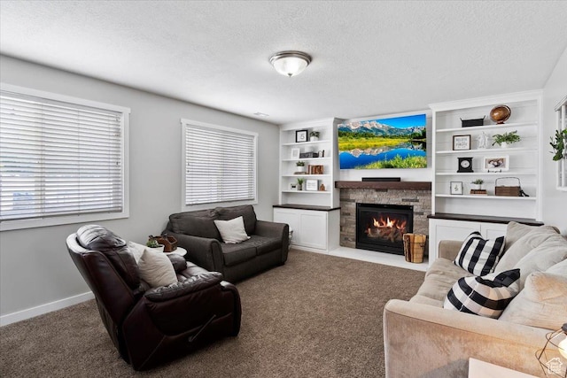 1090 N 3450 W, Layton, UT 84041 - living area with carpet floors, a textured ceiling, baseboards, and a fireplace