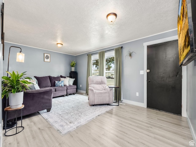 living area featuring baseboards, a textured ceiling, and light wood-style flooring