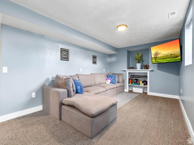living room featuring baseboards, carpet, and visible vents