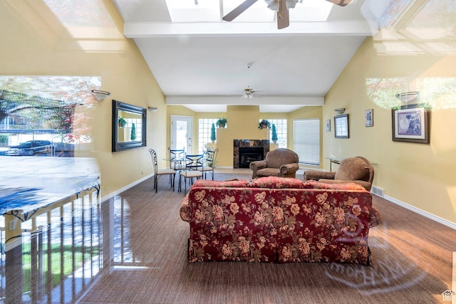 1275 E Shadow Ridge Dr S Unit 10N, Cottonwood Heights, UT 84047 - living room with a premium fireplace, ceiling fan, baseboards, and high vaulted ceiling