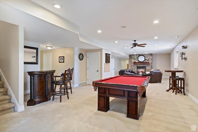 864 S Wellington Dr W, Kaysville, UT 84037 - playroom with light colored carpet, baseboards, a stone fireplace, ceiling fan, and recessed lighting
