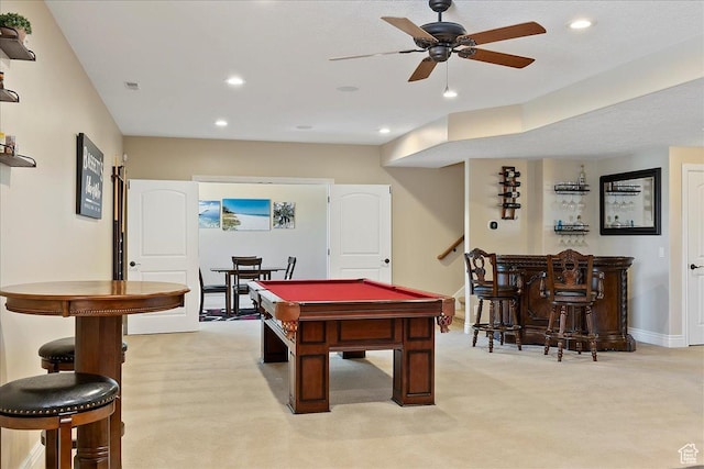 864 S Wellington Dr W, Kaysville, UT 84037 - rec room featuring a bar, light colored carpet, billiards table, baseboards, and recessed lighting