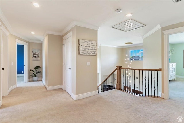 864 S Wellington Dr W, Kaysville, UT 84037 - hallway with an upstairs landing, crown molding, carpet flooring, recessed lighting, and baseboards