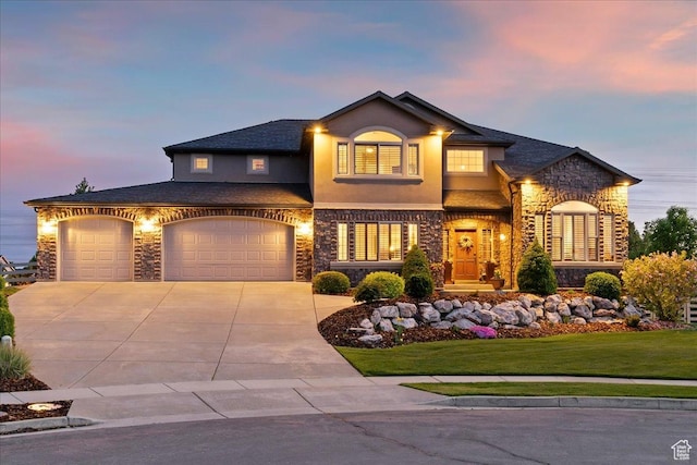 864 S Wellington Dr W, Kaysville, UT 84037 - view of front of property featuring stone siding, concrete driveway, a front lawn, and stucco siding