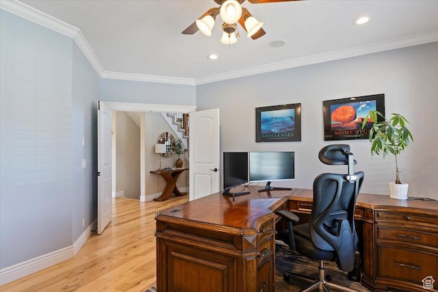 864 S Wellington Dr W, Kaysville, UT 84037 - office with ceiling fan, light wood finished floors, ornamental molding, baseboards, and recessed lighting