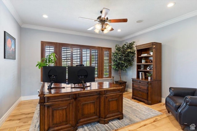 864 S Wellington Dr W, Kaysville, UT 84037 - home office with ceiling fan, light wood finished floors, baseboards, crown molding, and recessed lighting