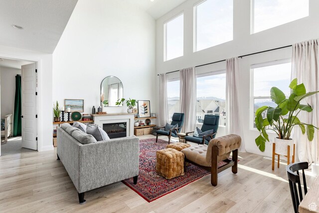 809 N 1490 E, Heber City, UT 84032 - living area featuring high vaulted ceiling, light wood-style flooring, and a glass covered fireplace