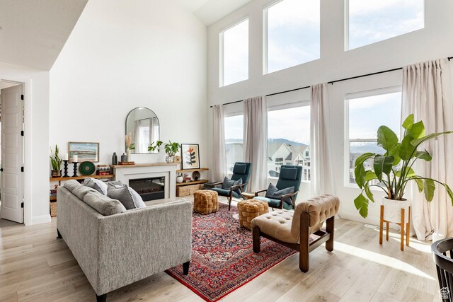 809 N 1490 E, Heber City, UT 84032 - living room with a high ceiling, light wood finished floors, baseboards, and a glass covered fireplace
