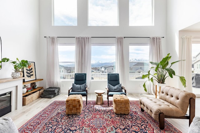 809 N 1490 E, Heber City, UT 84032 - living room with a towering ceiling, a glass covered fireplace, and wood finished floors