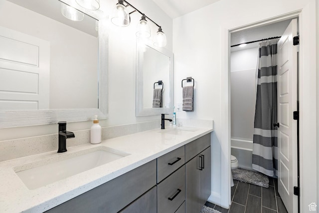 809 N 1490 E, Heber City, UT 84032 - bathroom featuring toilet, double vanity, and shower / tub combo with curtain