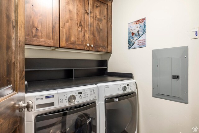1261 W Black Rock Trl Unit 39F, Kamas, UT 84036 - laundry room featuring washing machine and clothes dryer, cabinet space, and electric panel