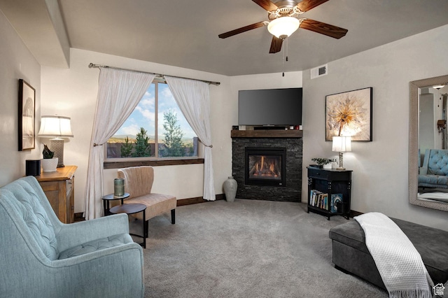 1261 W Black Rock Trl Unit 39F, Kamas, UT 84036 - living area with carpet floors, ceiling fan, and a fireplace