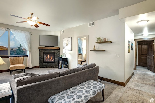 1261 W Black Rock Trl Unit 39F, Kamas, UT 84036 - living area with a stone fireplace and a ceiling fan
