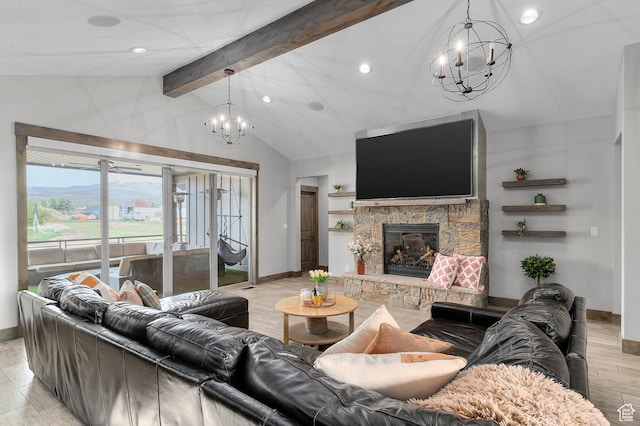 1021 Sage Crk, Heber City, UT 84032 - living room with baseboards, a chandelier, and vaulted ceiling with beams