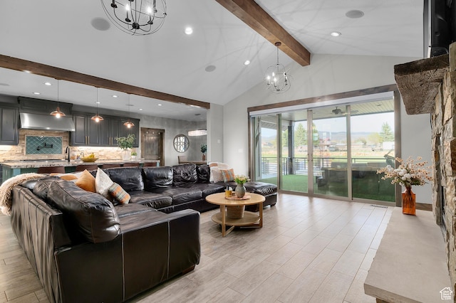 1021 Sage Crk, Heber City, UT 84032 - living area with high vaulted ceiling, light wood-type flooring, beam ceiling, and a notable chandelier