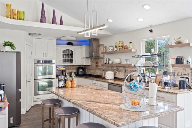 6268 S Faber Ln, Taylorsville, UT 84123 - kitchen featuring open shelves, wall chimney exhaust hood, decorative backsplash, and stainless steel appliances